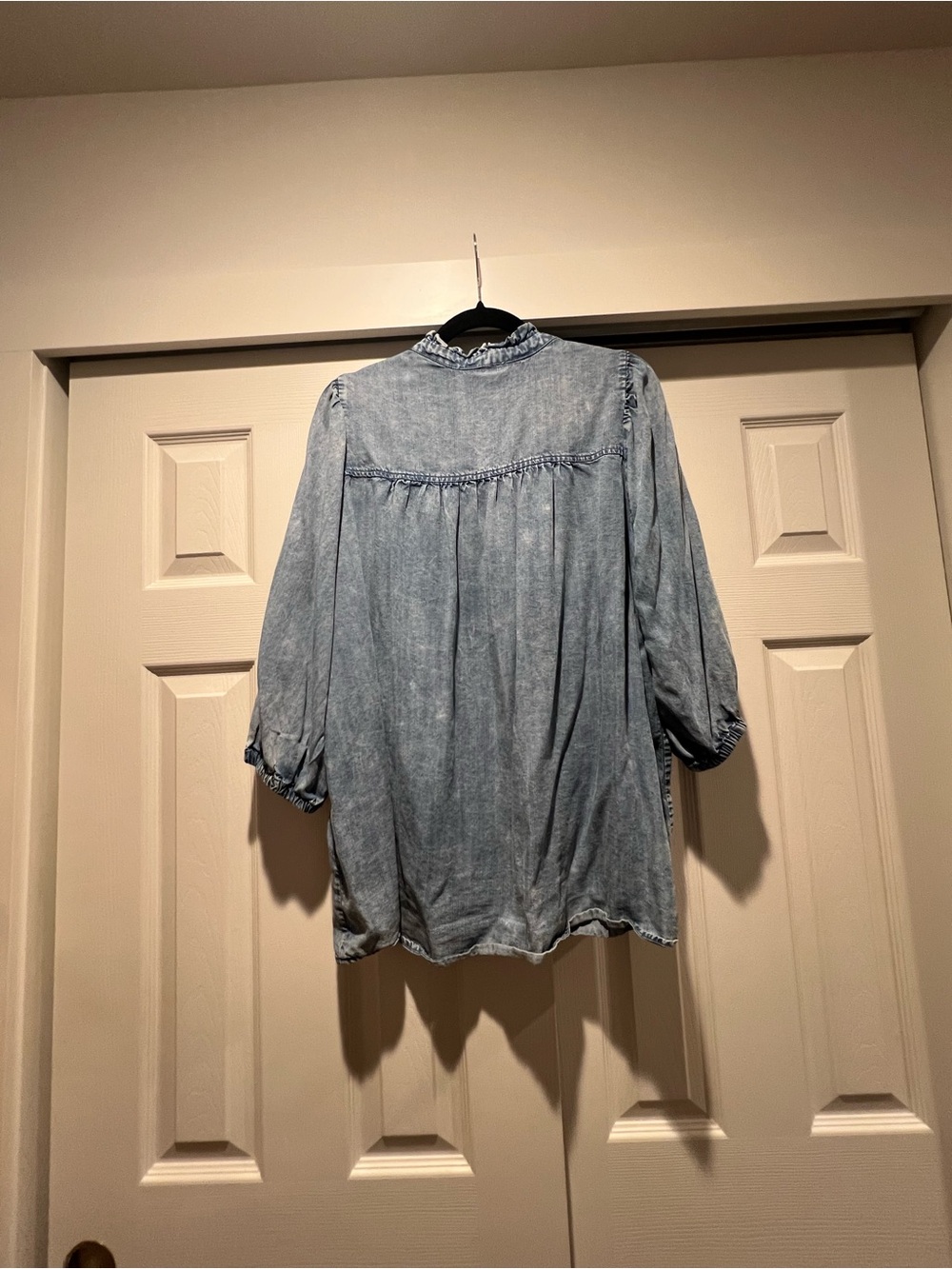 Washed Light Blue Button-Front Tunic with Ruffle Trim - Picture 3 of 3
